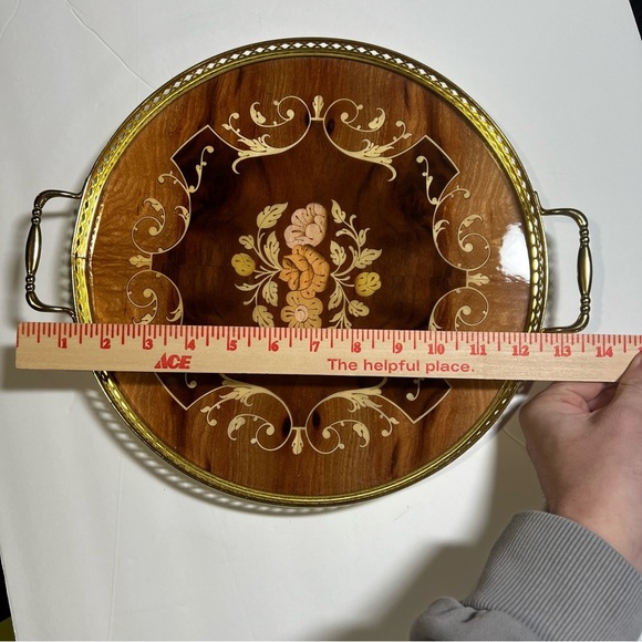 Italian Marquetry Inlaid Wooden Serving/Vanity Tray Floral w Brass Vintage 1950s - Picture 3 of 7